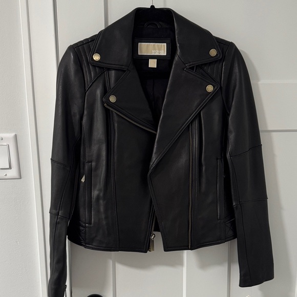 Michael Kors Black Leather Jacket with Gold Buttons - Picture 1 of 6